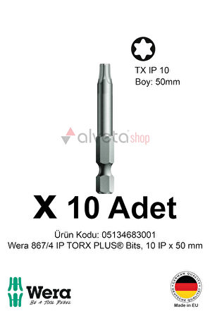 Alveta Wera 867/4 IP TORX PLUS 10IP x 50mm Tornavida Ucu 10 Adet | Vidalama Bits Seti Uzun Seri