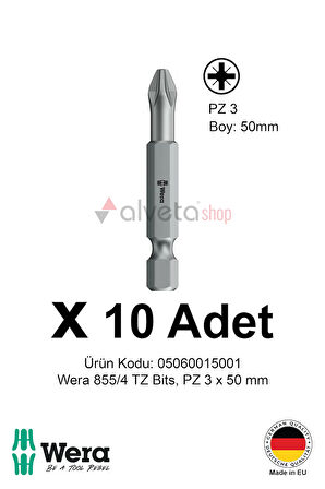Alveta Wera 855/4 TZ PZ3 x 50mm Tornavida Ucu 10 Adet | Pozidriv Vidalama Bits Seti Profesyonel Seri