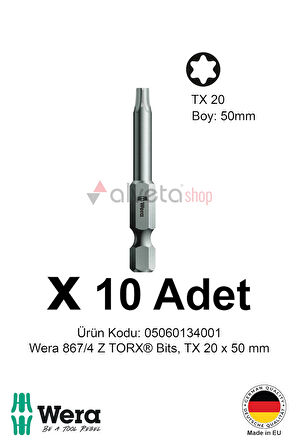 Alveta Wera 867/4 Z TORX TX20 x 50mm Tornavida Ucu 10 Adet | Yıldız Vidalama Bits Seti Uzun Seri