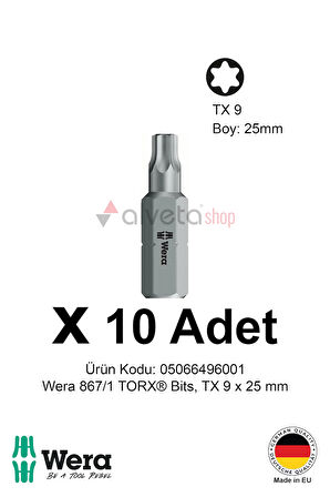Alveta Wera 867/1 TORX TX9 x 25mm Tornavida Ucu 10 Adet | Torx Vidalama Bits Seti Profesyonel Seri