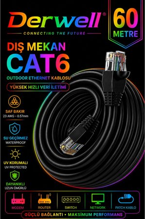 60 METRE CAT6 Dış Mekan Outdoor Ethernet Kablosu 23 AWG 0.57mm Kalın Saf Bakır İnternet Ağ Kablosu Yüksek Hızlı Veri İletimi Su Geçirmez UV Korumalı Dayanıklı Siyah Modem Router Switch Patch Kablo
