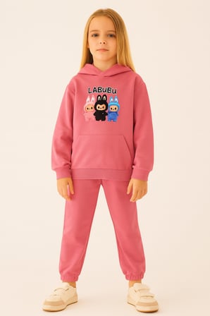 Kız Çocuk Eşofman Takımı Labubu Takım Kapüşonlu Baskılı Sweatshirt ve Pantolon
