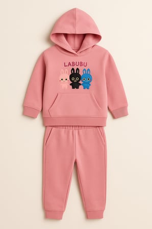 Kız Çocuk Eşofman Takımı Labubu Takım Kapüşonlu Baskılı Sweatshirt ve Pantolon