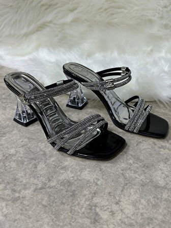 Günlük Kadın Taşlı Terlik Hologram Kalın Şeffaf Topuklu Küt Burunlu Üç Bantlı Abiye Sandalet 6100