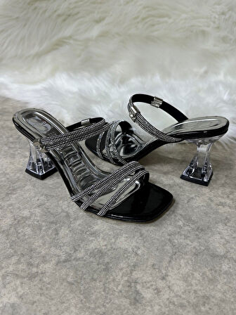 Günlük Kadın Taşlı Terlik Hologram Kalın Şeffaf Topuklu Küt Burunlu Üç Bantlı Abiye Sandalet 6100