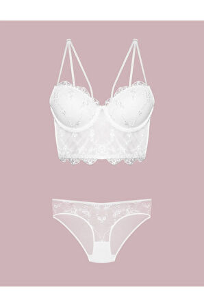 Kadın Kırmızı Dantelli Balenli Destekli Sütyen Takım