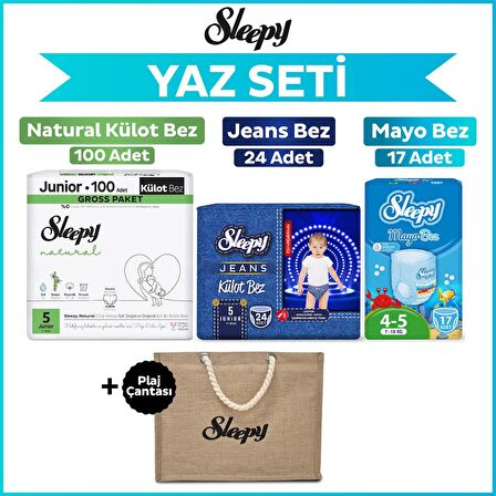 Sleepy 5 Numara Junior Natural Gross 100+Mayo Bez 17+Jeans Külot Bez 24+Plaj Çantası