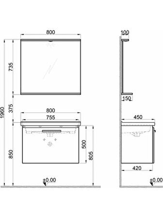 Kale Gris Banyo Dolabı Takımı 80 cm Siyah-Gri