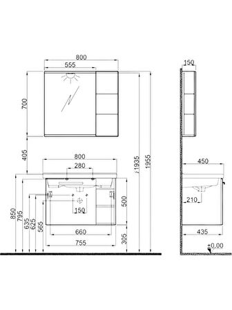 Kale Mare Banyo Dolabı Takımı 80 cm Beyaz-Meşe