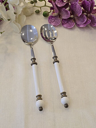 2 Parça Rustik Porselen Salata Servis Kaşık Seti Antik