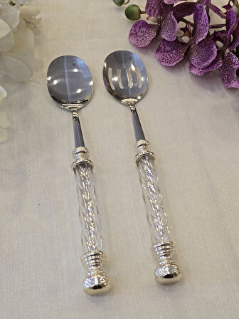 2 Parça Kristal Salata Servis Kaşık Seti Gümüş