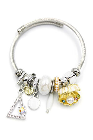 Çelik Charmlı İncili Deniz Kabuğu Bilezik - Beyaz