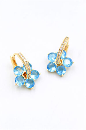 Taşlı Çiçek Küpe - Mavi