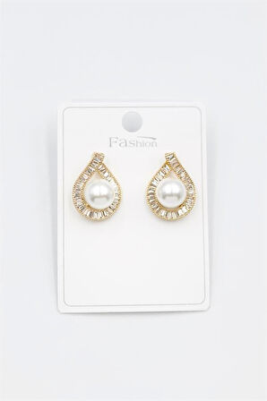 İncili Baget Taşlı Küpe - Altın