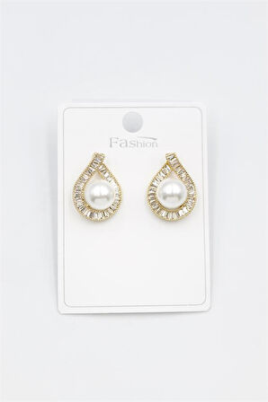 İncili Baget Taşlı Küpe - Altın