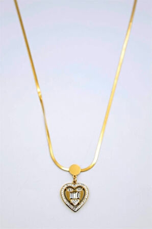 Baget Taşlı  Kalp Kolye - Altın