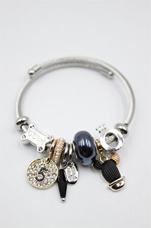 Çelik Charmlı Kaktüs Bilezik - Siyah