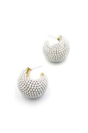 Taşlı Halka Küpe - Beyaz