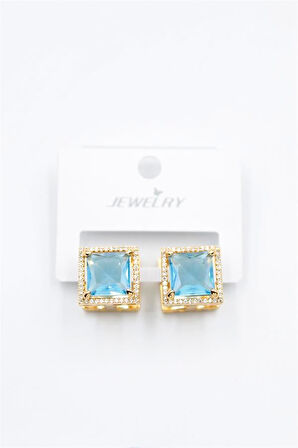 Kare Taşlı Küpe - Turkuaz