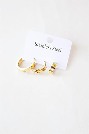 3'lü Taşlı Çelik Halka Küpe - Altın