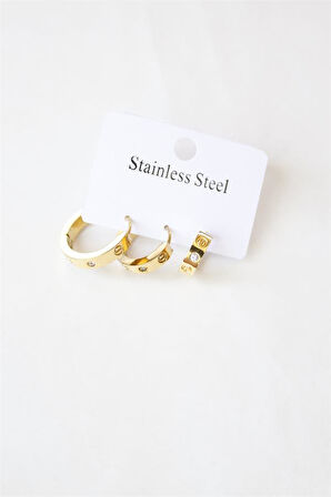 3'lü Taşlı Çelik Halka Küpe - Altın