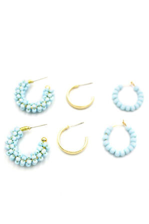 Boncuklu Küpe Seti - Turkuaz