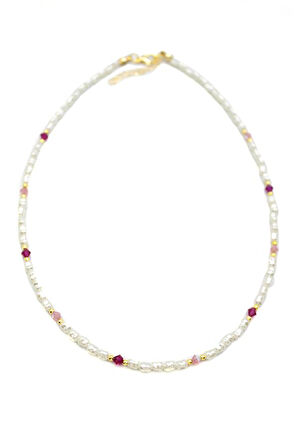 Renkli Boncuklu İnci Kolye - Fuşya
