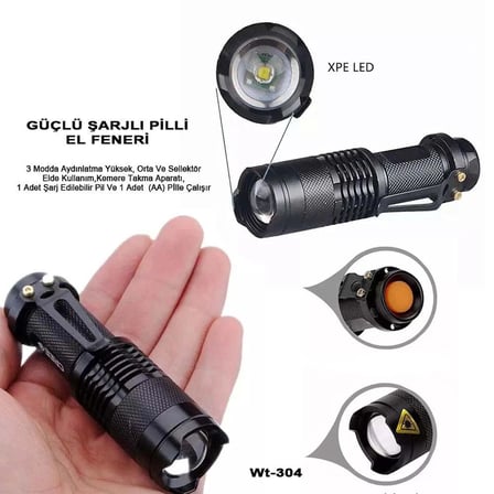 Mini Güçlü Şarjlı Pilli El Feneri  Wt-304