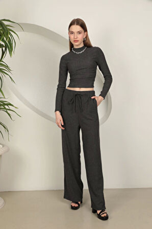 Babua Bürümcük Kumaş Croplu Kadın Takım-Antrasit