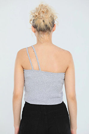 Kadın Likralı Tek Omuz Askılı Kaşkorse Crop Büstiyer Gri