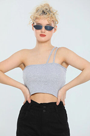 Kadın Likralı Tek Omuz Askılı Kaşkorse Crop Büstiyer Gri