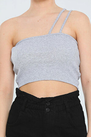 Kadın Likralı Tek Omuz Askılı Kaşkorse Crop Büstiyer Gri