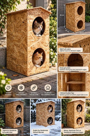 Reyo 2 Bölmeli Dublex Kedi 66x39x32 cm Yağmura ve Soğuğa Dayanıklı OSB Kedi Kulübesi, Sokak Hayvanları İçin Kedi Yuvası - CAT10
