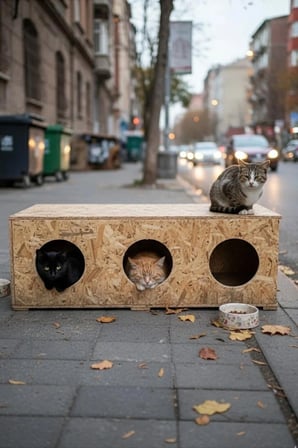 Reyo 3 Bölmeli Kedi Evi, 93x41x39 cm Ahşap Kedi Barınağı, Suya ve Rüzgara Dayanıklı OSB Sokak Kedileri İçin Kedi Yuvası Cat11