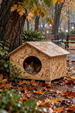Reyo 50x50x35 cm Kedi Evi, Dış Ortama, Rüzgar ve Soğuğa Dayanıklı Ahşap Kedi Yuvası, Yavru ve Yetişkin Kediler İçin Barınak OSB CAT17