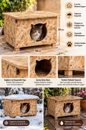 Reyo Yetişkin ve Yavru Kedi Evi İç ve Dış Mekana Uygun Kedi Evi, Sokak Kedileri İçin Yuva, Kedi Barınağı 50x35x30 cm CAT19