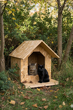 Reyo Kedi Evi Dış Ortam Uygun Ahşap Kedi Evi OSB 45x40x40 cm - CAT20