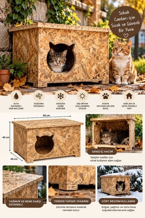 Reyo Büyük Boy Kedi Evi, Dış Ortama Uygun OSB Sokak Canları İçin Kedi Barınağı 60x45x40 cm CAT23