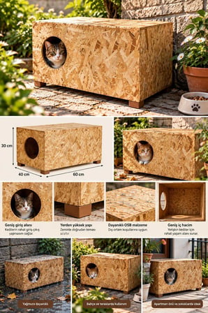 Reyo Kedi Evi Dış Ortam Uygun Ahşap Kedi Evi OSB 60x40x30 cm - CAT24
