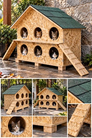 Reyo 2 Katlı 6 Bölmeli Kedi Evi Dış Ortam Uygun Ahşap Kedi Barınağı, Yetişkin Kedi Evi Su Yalıtımlı Rüzgar ve Soğuğa Dayanıklı OSB 100x95x50 cm MLD0CAT27