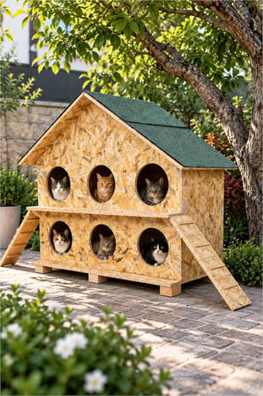 Reyo 2 Katlı 6 Bölmeli Kedi Evi Dış Ortam Uygun Ahşap Kedi Barınağı, Yetişkin Kedi Evi Su Yalıtımlı Rüzgar ve Soğuğa Dayanıklı OSB 100x95x50 cm MLD0CAT27