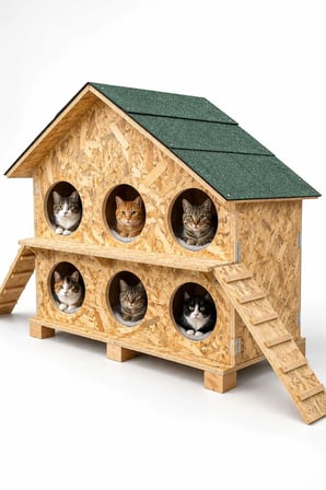 Reyo 2 Katlı 6 Bölmeli Kedi Evi Dış Ortam Uygun Ahşap Kedi Barınağı, Yetişkin Kedi Evi Su Yalıtımlı Rüzgar ve Soğuğa Dayanıklı OSB 100x95x50 cm MLD0CAT27