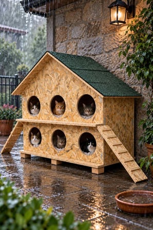 Reyo 2 Katlı 6 Bölmeli Kedi Evi Dış Ortam Uygun Ahşap Kedi Barınağı, Yetişkin Kedi Evi Su Yalıtımlı Rüzgar ve Soğuğa Dayanıklı OSB 100x95x50 cm MLD0CAT27
