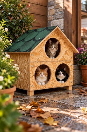 Reyo 3 Bölmeli Büyük Kedi Evi OSB Su Yalıtımlı Rüzgar ve Soğuğa Dayanıklı Ahşap Kedi Evi, Sokak Hayvanları İçin Kedi Barınağı, Kedi Yuvası 58x58x40 cm CAT28