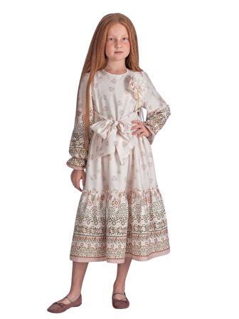 ÇİÇEKLİ KUŞAKLI KIZ ELBİSE