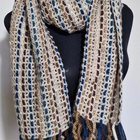 El Yapımı Geniş Atkı , El Örgüsü Tasarım , Hediyelik Atkı, Şık , Simli Bej , Moli Tasarım