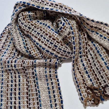 El Yapımı Geniş Atkı , El Örgüsü Tasarım , Hediyelik Atkı, Şık , Simli Bej , Moli Tasarım