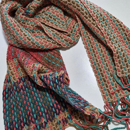 El Yapımı Geniş Atkı , El Örgüsü Tasarım , Hediyelik Atkı, Şık , Bej , Moli Tasarım