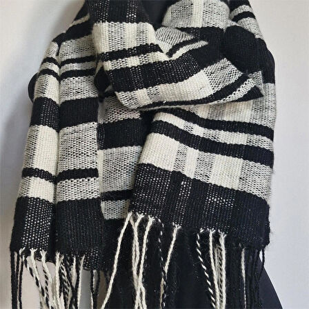 Siyah, Beyaz Simli El Dokuması Atkı, Kilim Dokuması Yünlü Atkı, Tasarım, Şık Kaşkol, Moli Tasarım, 