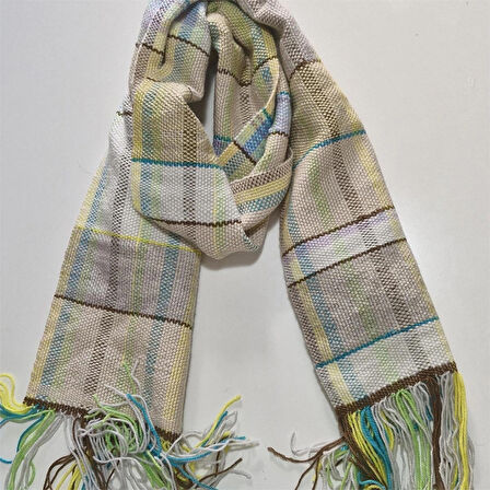 Ekru El Dokuması Atkı, Kilim Dokuması Tiftik Yünlü Atkı, Tasarım, Şık Kaşkol, Moli Tasarım